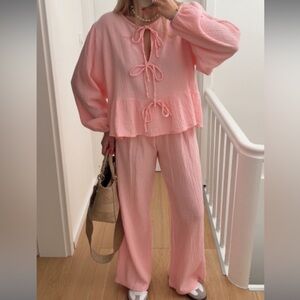 Pink Textured Pants and Top Set